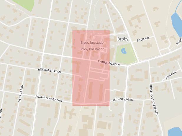 Karta som med röd fyrkant ramar in Broby, Östra Järnvägsgatan, Östra göinge, Skåne län
