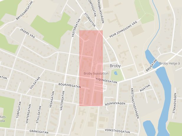 Karta som med röd fyrkant ramar in Broby, Västra Järnvägsgatan, Östra göinge, Skåne län