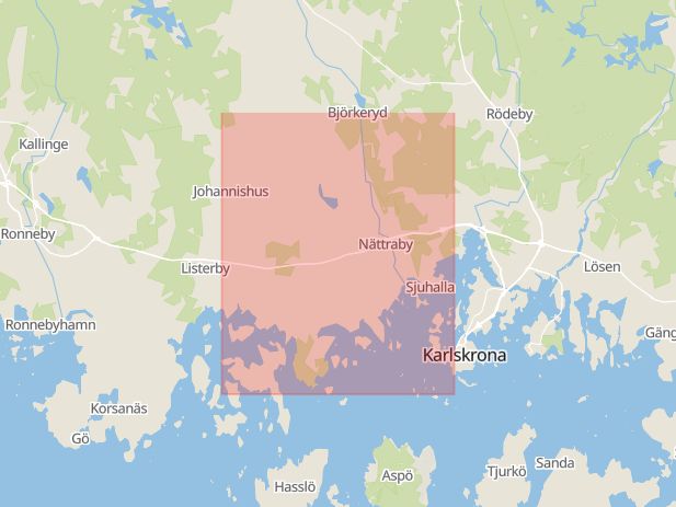 Karta som med röd fyrkant ramar in Nättraby, Ronneby, Blekinge län