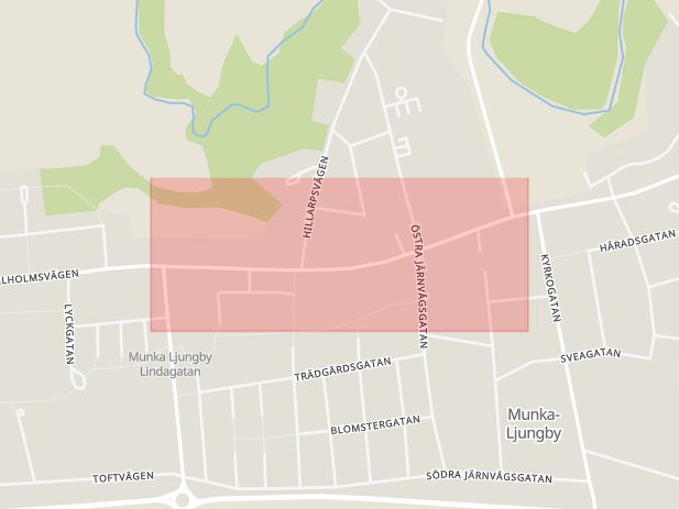 Karta som med röd fyrkant ramar in Östra Storgatan, Ljungby, Ängelholm, Skåne län