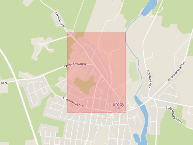 Karta som med röd fyrkant ramar in Storgatan, Östra göinge, Skåne län