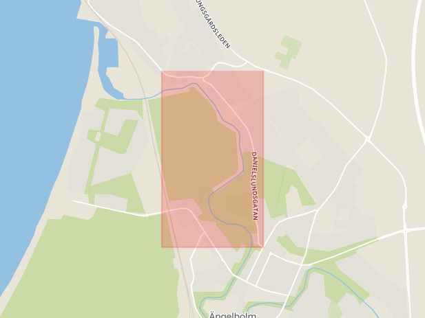 Karta som med röd fyrkant ramar in Danielslundsgatan, Ängelholm, Skåne län