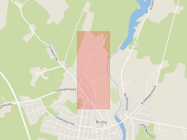 Karta som med röd fyrkant ramar in Broby, Pappersbruksvägen, Östra göinge, Skåne län