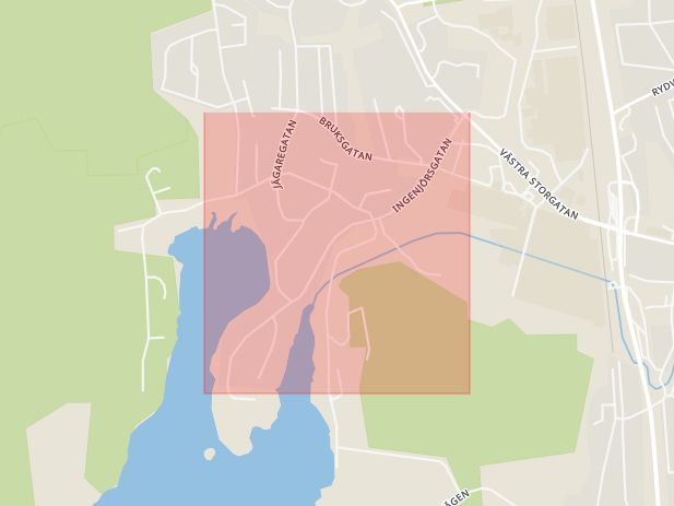 Karta som med röd fyrkant ramar in Ingenjörsgatan, Olofström, Blekinge län