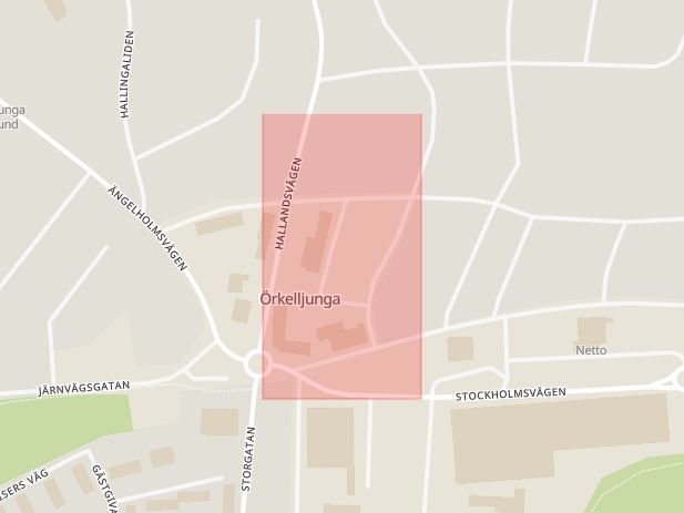 Karta som med röd fyrkant ramar in Marknadsgatan, Marknadsvägen, Örkelljunga, Skåne län