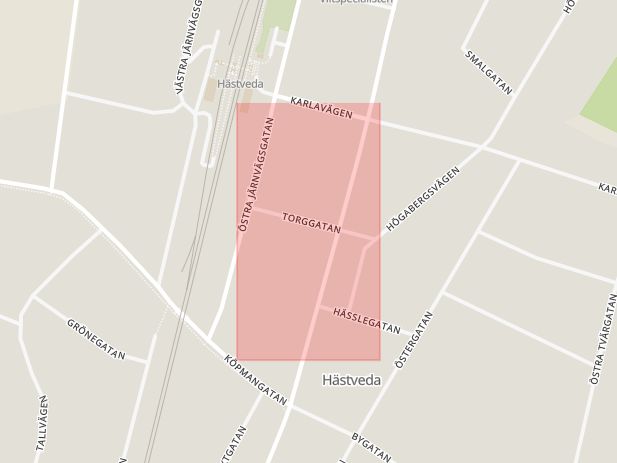 Karta som med röd fyrkant ramar in Hästveda, Torggatan, Hässleholm, Skåne län