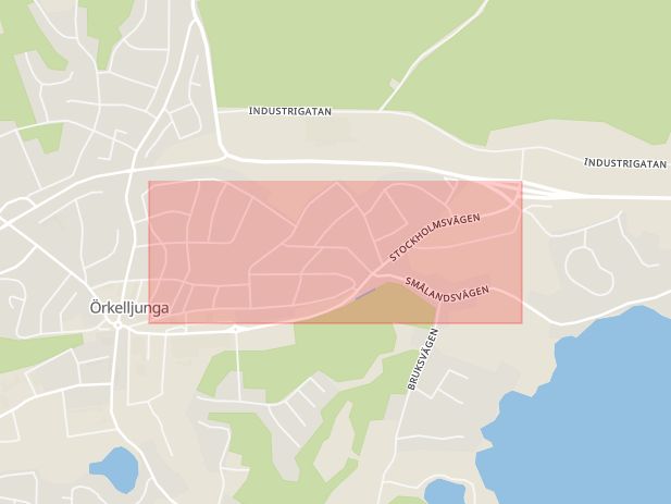 Karta som med röd fyrkant ramar in Stockholmsvägen, Örkelljunga, Skåne län
