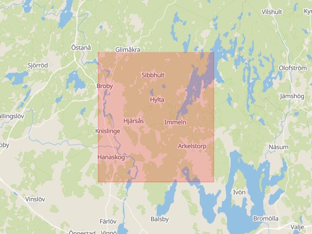 Karta som med röd fyrkant ramar in Hanaskog, Bjärlöv, Östra Göinge, Skåne län