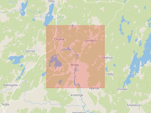 Karta som med röd fyrkant ramar in Broby, Hässleholm, Skåne län