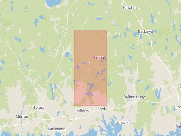 Karta som med röd fyrkant ramar in Halasjövägen, Berghem, Karlshamn, Blekinge län