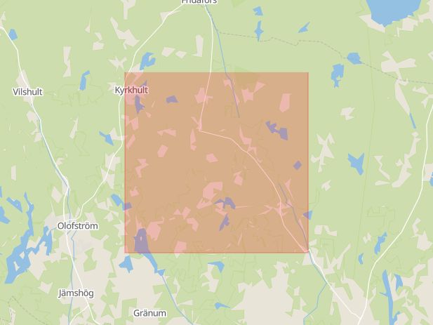 Karta som med röd fyrkant ramar in Kyrkhult, Hemsjövägen, Olofström, Blekinge län