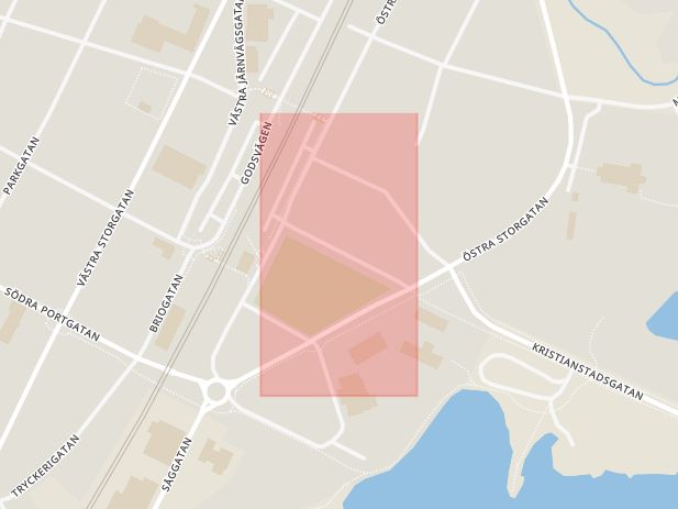 Karta som med röd fyrkant ramar in Esplanadgatan, Osby, Skåne län