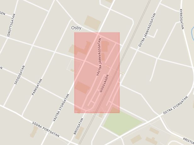 Karta som med röd fyrkant ramar in Västra Järnvägsgatan, Osby, Skåne län