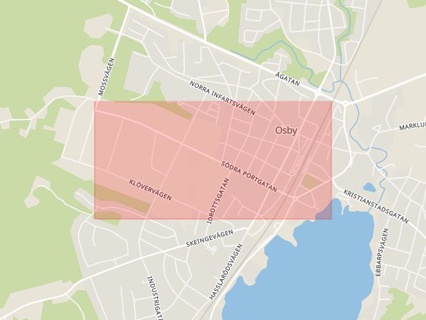 Karta som med röd fyrkant ramar in Södra Portgatan, Osby, Skåne län
