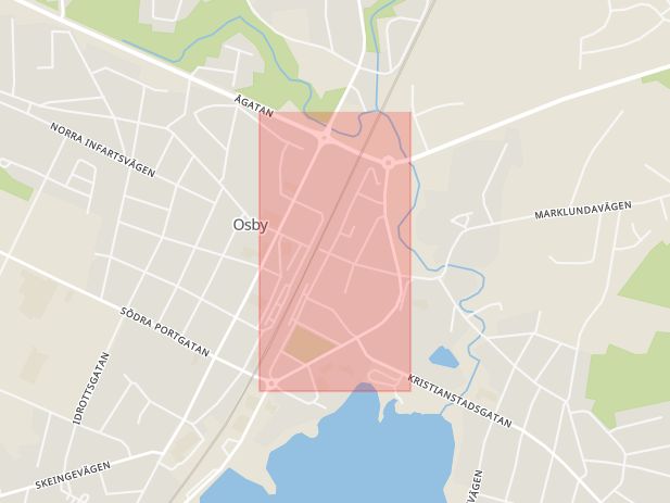 Karta som med röd fyrkant ramar in Östra Järnvägsgatan, Osby, Skåne län