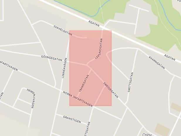 Karta som med röd fyrkant ramar in Smedjegatan, Göingegatan, Infartsgatan, Osby, Skåne län
