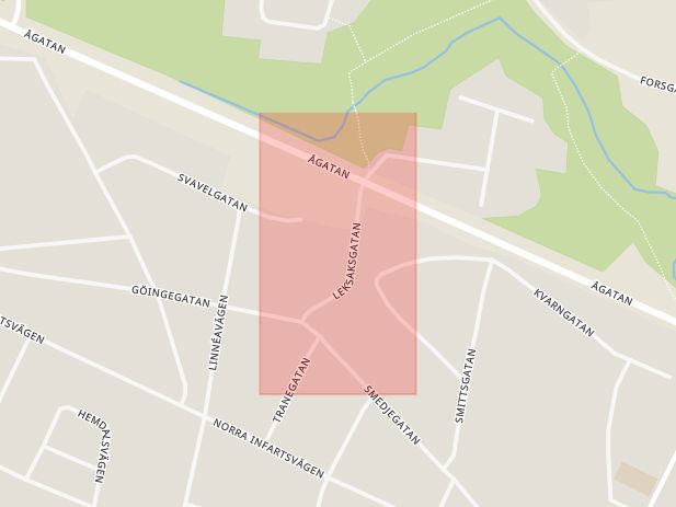 Karta som med röd fyrkant ramar in Leksaksgatan, Osby, Skåne län
