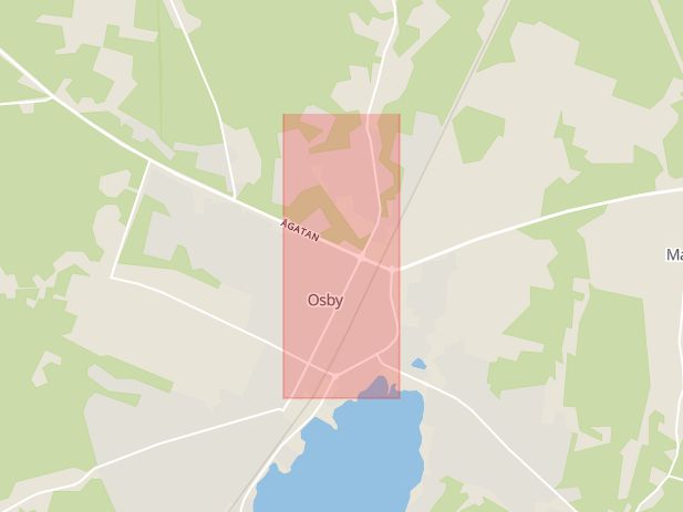 Karta som med röd fyrkant ramar in Västra Storgatan, Osby, Skåne län