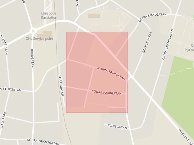 Karta som med röd fyrkant ramar in Lönsboda, Norra Parkgatan, Osby, Skåne län
