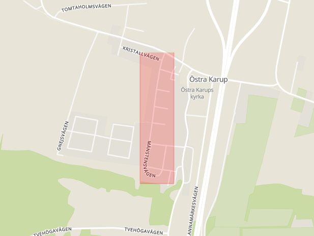 Karta som med röd fyrkant ramar in Månstensvägen, Östra Karup, Båstad, Skåne län