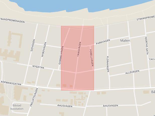 Karta som med röd fyrkant ramar in Tångvägen, Båstad, Skåne län