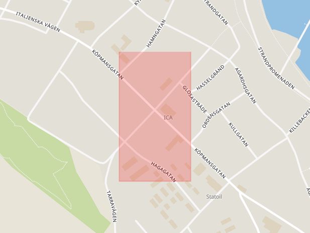 Karta som med röd fyrkant ramar in Köpmansgatan, Aromavägen, Båstad, Skåne län