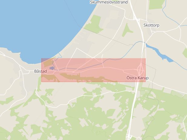 Karta som med röd fyrkant ramar in Hallandsvägen, Östra Karup, Båstad, Skåne län