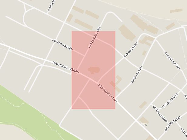 Karta som med röd fyrkant ramar in Kyrkogatan, Församlingshem, Båstad, Skåne län