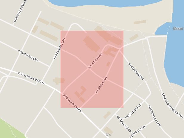 Karta som med röd fyrkant ramar in Kyrkogatan, Båstad, Skåne län