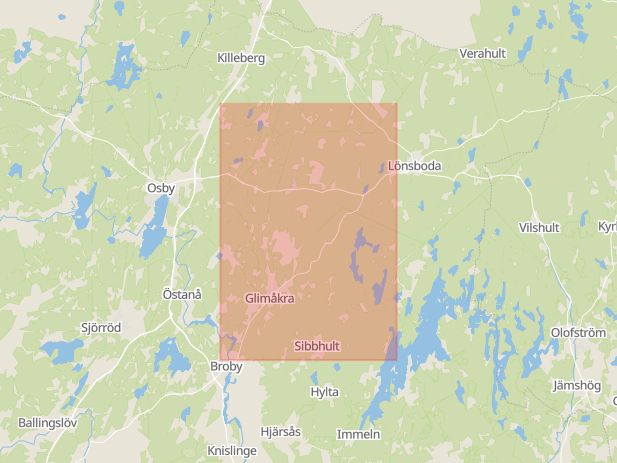 Karta som med röd fyrkant ramar in Glimåkra, Källstorp, Osby, Skåne län