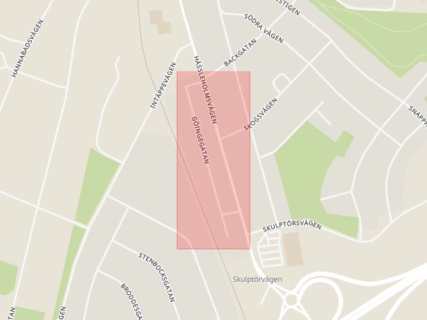 Karta som med röd fyrkant ramar in Göingegatan, Markaryd, Kronobergs län