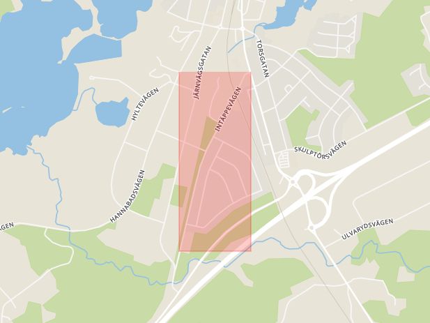 Karta som med röd fyrkant ramar in Intäppevägen, Markaryd, Kronobergs län