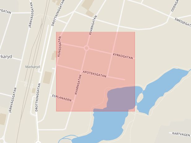Karta som med röd fyrkant ramar in Apoteksgatan, Markaryd, Kronobergs län