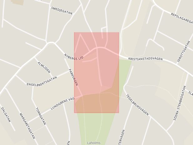 Karta som med röd fyrkant ramar in Laholm, Tivoligatan, Hallands län