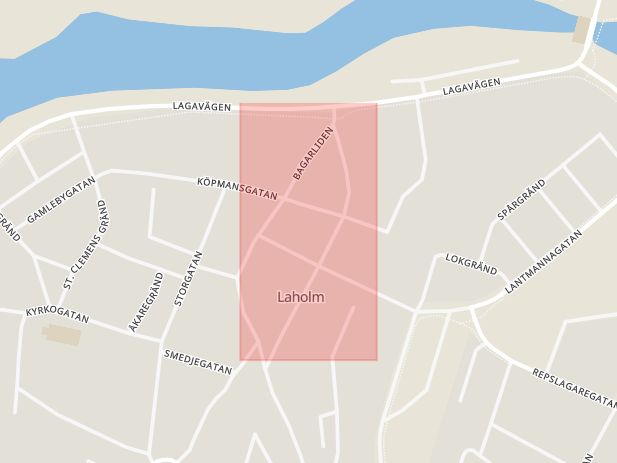 Karta som med röd fyrkant ramar in Trädgårdsgatan, Laholm, Hallands län