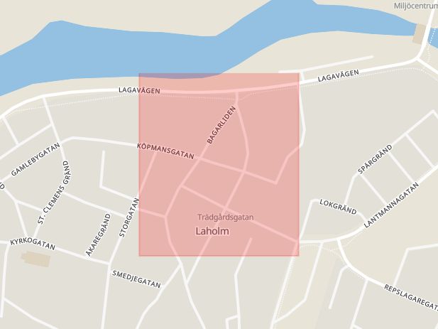 Karta som med röd fyrkant ramar in Köpmansgatan, Laholm, Hallands län