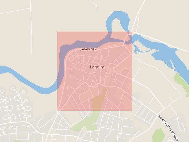 Karta som med röd fyrkant ramar in Lagavägen, Laholm, Hallands län