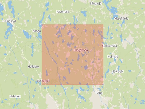 Karta som med röd fyrkant ramar in Eringsboda, Karlskrona, Blekinge län