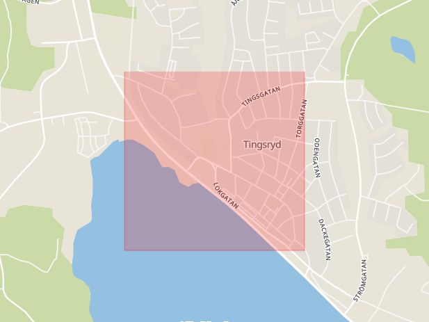 Karta som med röd fyrkant ramar in Storgatan, Tingsryd, Kronobergs län