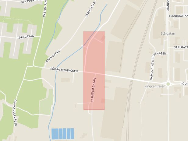 Karta som med röd fyrkant ramar in Terminalgatan, Älmhult, Kronobergs län