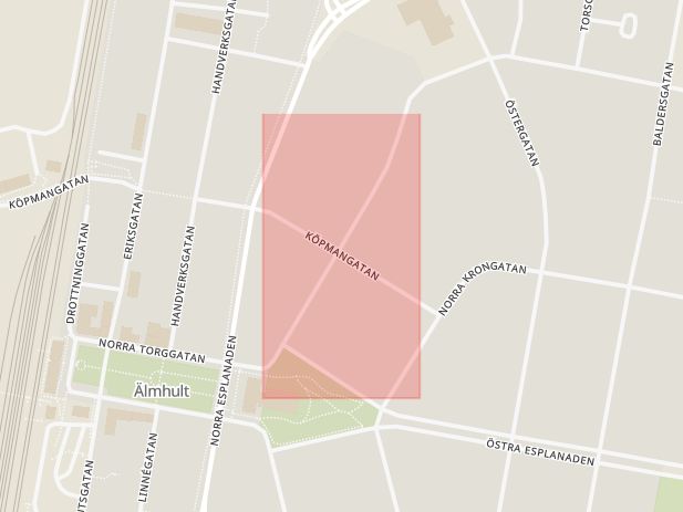 Karta som med röd fyrkant ramar in Köpmangatan, Prinsgatan, Älmhult, Kronobergs län