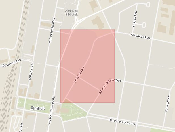 Karta som med röd fyrkant ramar in Prinsgatan, Älmhult, Kronobergs län