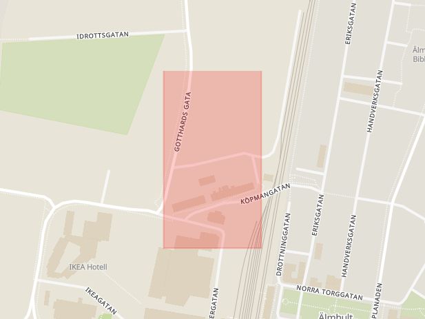 Karta som med röd fyrkant ramar in Häradsvägen, Häradsgatan, Älmhult, Kronobergs län