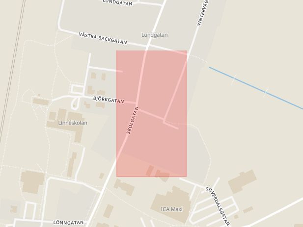 Karta som med röd fyrkant ramar in Björkgatan, Älmhult, Kronobergs län