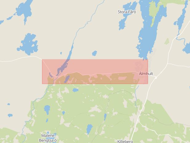Karta som med röd fyrkant ramar in Hallandsvägen, Delary, Älmhult, Kronobergs län