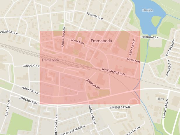 Karta som med röd fyrkant ramar in Nygatan, Emmaboda, Kalmar län