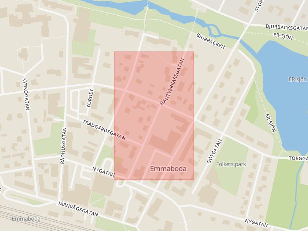 Karta som med röd fyrkant ramar in Hantverkaregatan, Emmaboda, Kalmar län