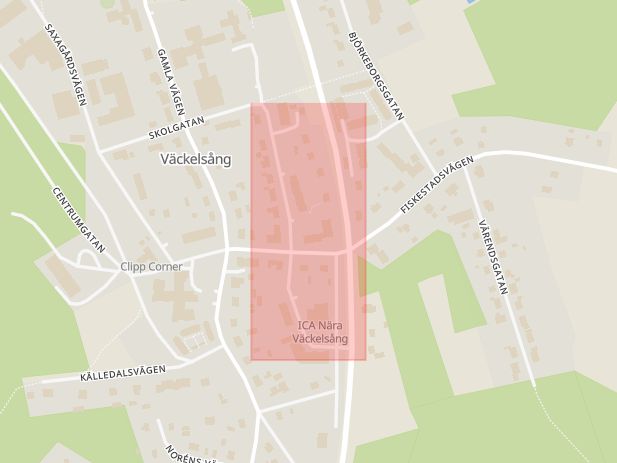 Karta som med röd fyrkant ramar in Dackegatan, Väckelsång, Tingsryd, Kronobergs län