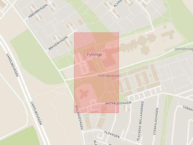 Karta som med röd fyrkant ramar in Halmstad, Fyllingeskolan, Hallands län