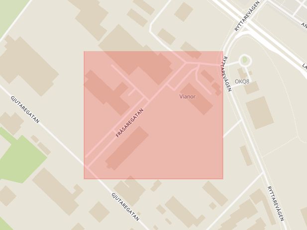 Karta som med röd fyrkant ramar in Fräsaregatan, Halmstad, Hallands län